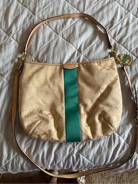 Coach Beige Signature Shoulder Bag with Green Center Stripe